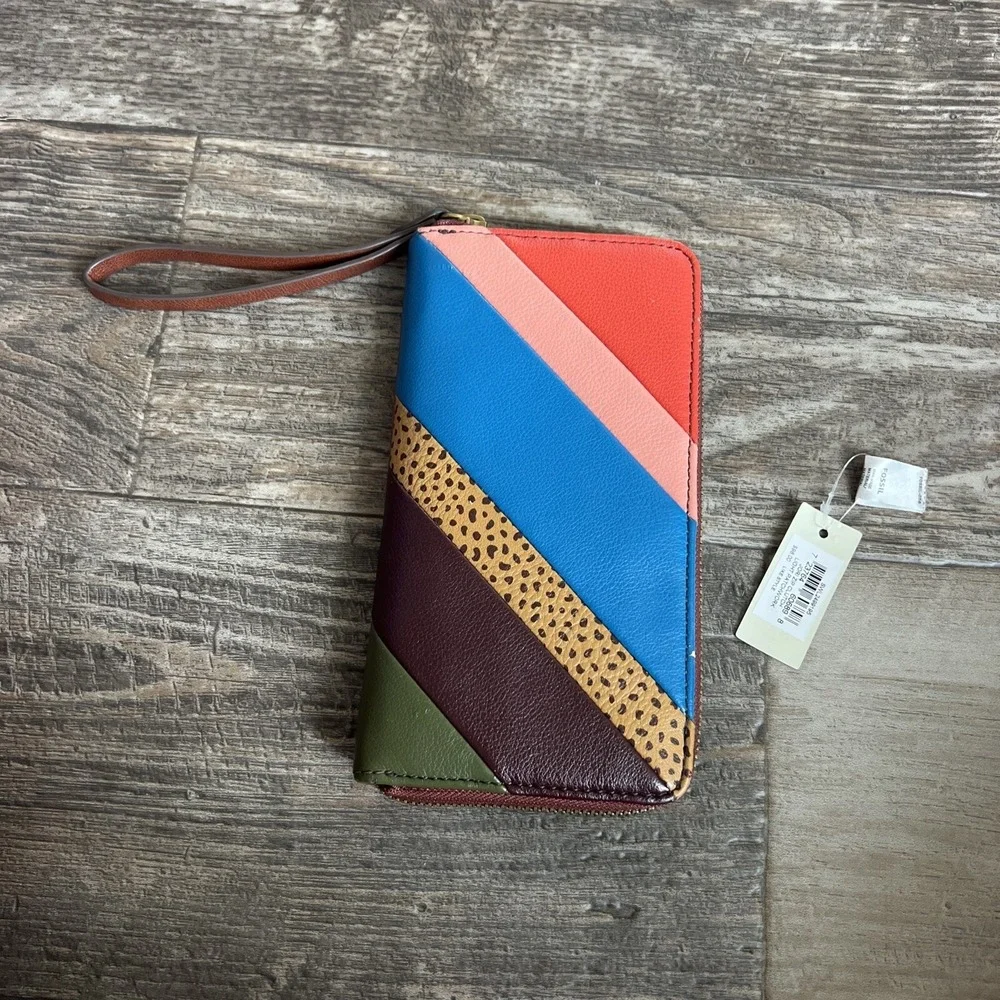 Fossil Jori  Zip Clutch‎ Wristlet Wallet Light Patchwork Brown $98 Msrp